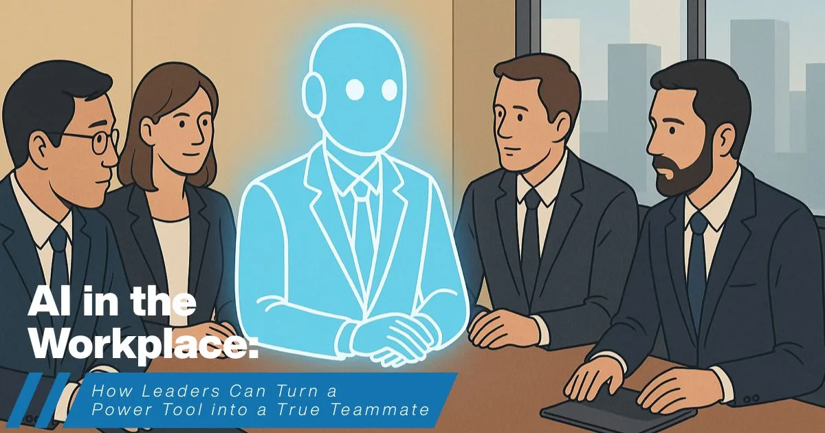 Business leaders in a boardroom with a glowing AI figure symbolizing a junior employee, representing AI in the workplace