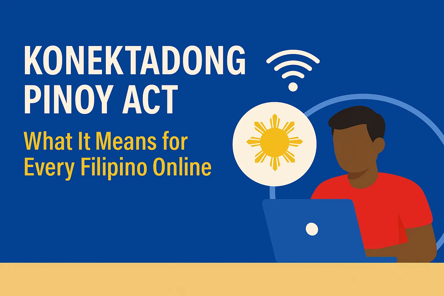 Banner image for article on the Konektadong Pinoy Act, showing a Filipino using a laptop with digital connectivity icons.
