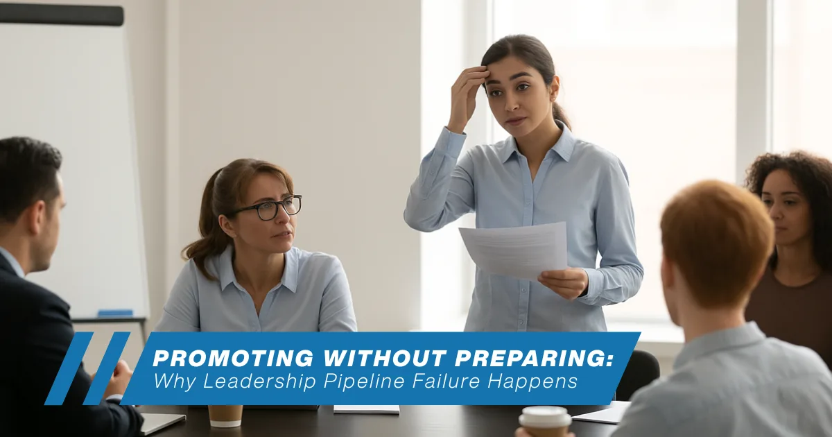Nervous new leader presenting in front of team during a meeting, symbolizing leadership pipeline failure and promoting without preparing.