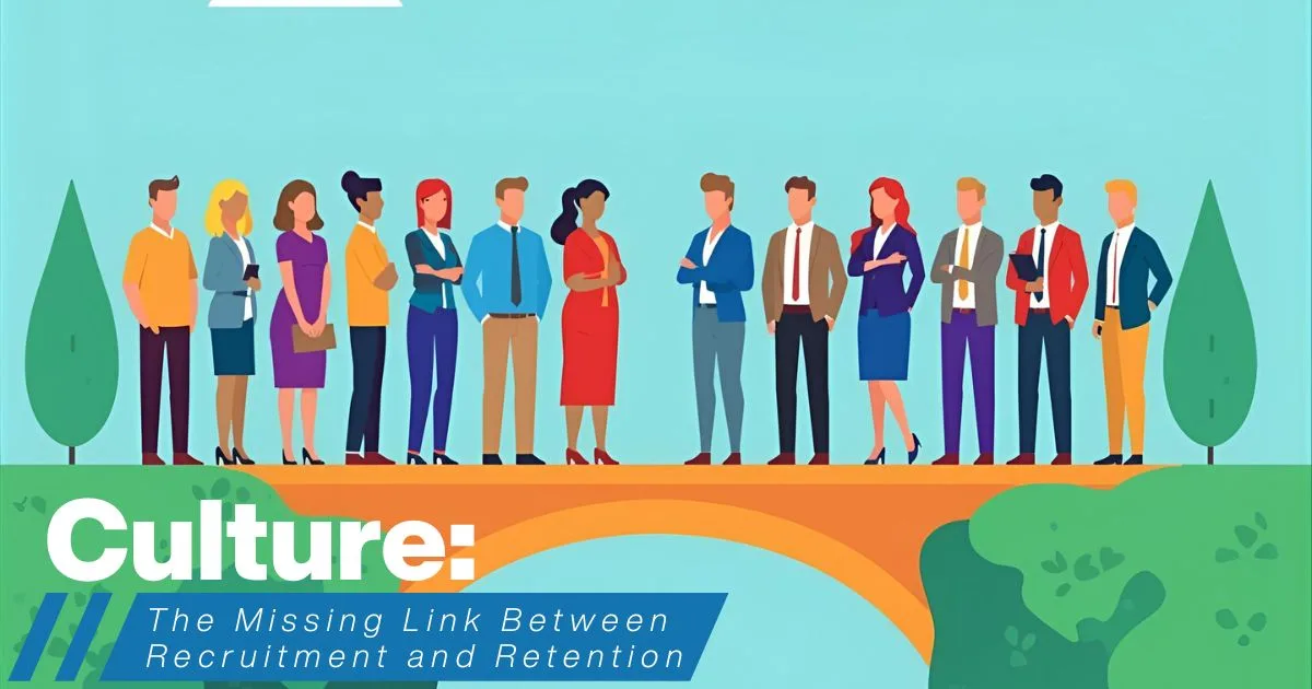 Diverse professionals standing together on a bridge symbolizing recruitment and retention, representing workplace culture.