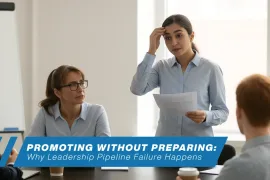 Nervous new leader presenting in front of team during a meeting, symbolizing leadership pipeline failure and promoting without preparing.