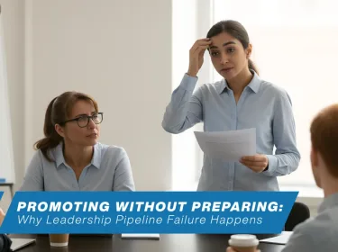 Nervous new leader presenting in front of team during a meeting, symbolizing leadership pipeline failure and promoting without preparing.