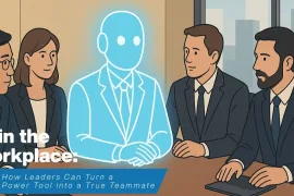 Business leaders in a boardroom with a glowing AI figure symbolizing a junior employee, representing AI in the workplace