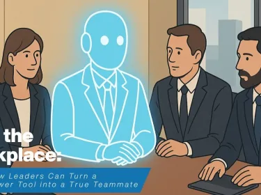 Business leaders in a boardroom with a glowing AI figure symbolizing a junior employee, representing AI in the workplace