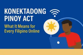Banner image for article on the Konektadong Pinoy Act, showing a Filipino using a laptop with digital connectivity icons.