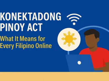 Banner image for article on the Konektadong Pinoy Act, showing a Filipino using a laptop with digital connectivity icons.
