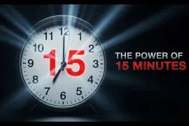 Clock showing 15 minutes with text The Power of 15 Minutes – symbolizing productivity and overcoming procrastination