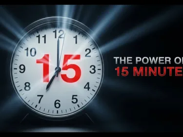 Clock showing 15 minutes with text The Power of 15 Minutes – symbolizing productivity and overcoming procrastination