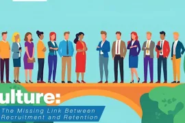 Diverse professionals standing together on a bridge symbolizing recruitment and retention, representing workplace culture.