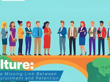 Diverse professionals standing together on a bridge symbolizing recruitment and retention, representing workplace culture.